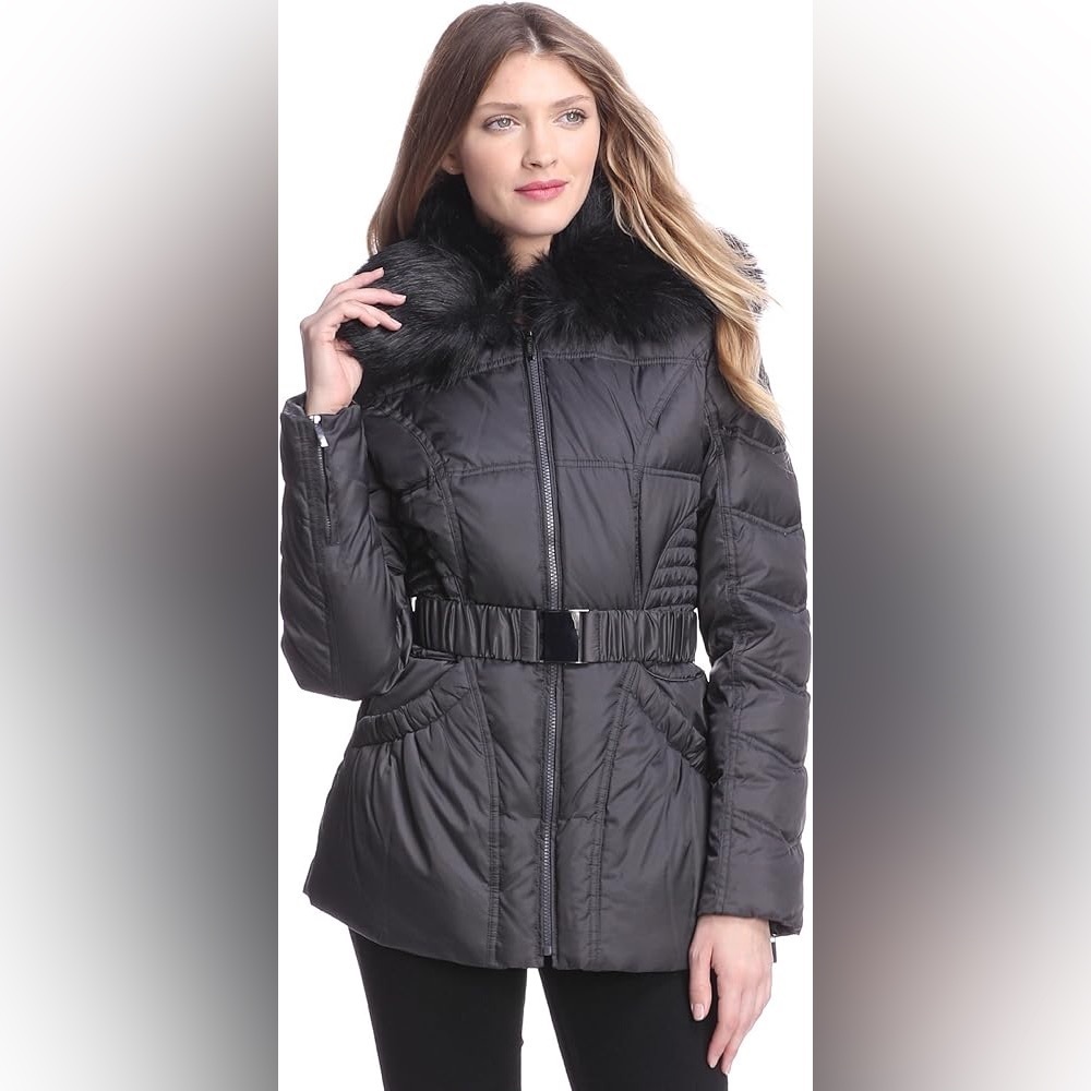 Black cinched winter jacket coat with hood by Laundry by Shelli Segal medium